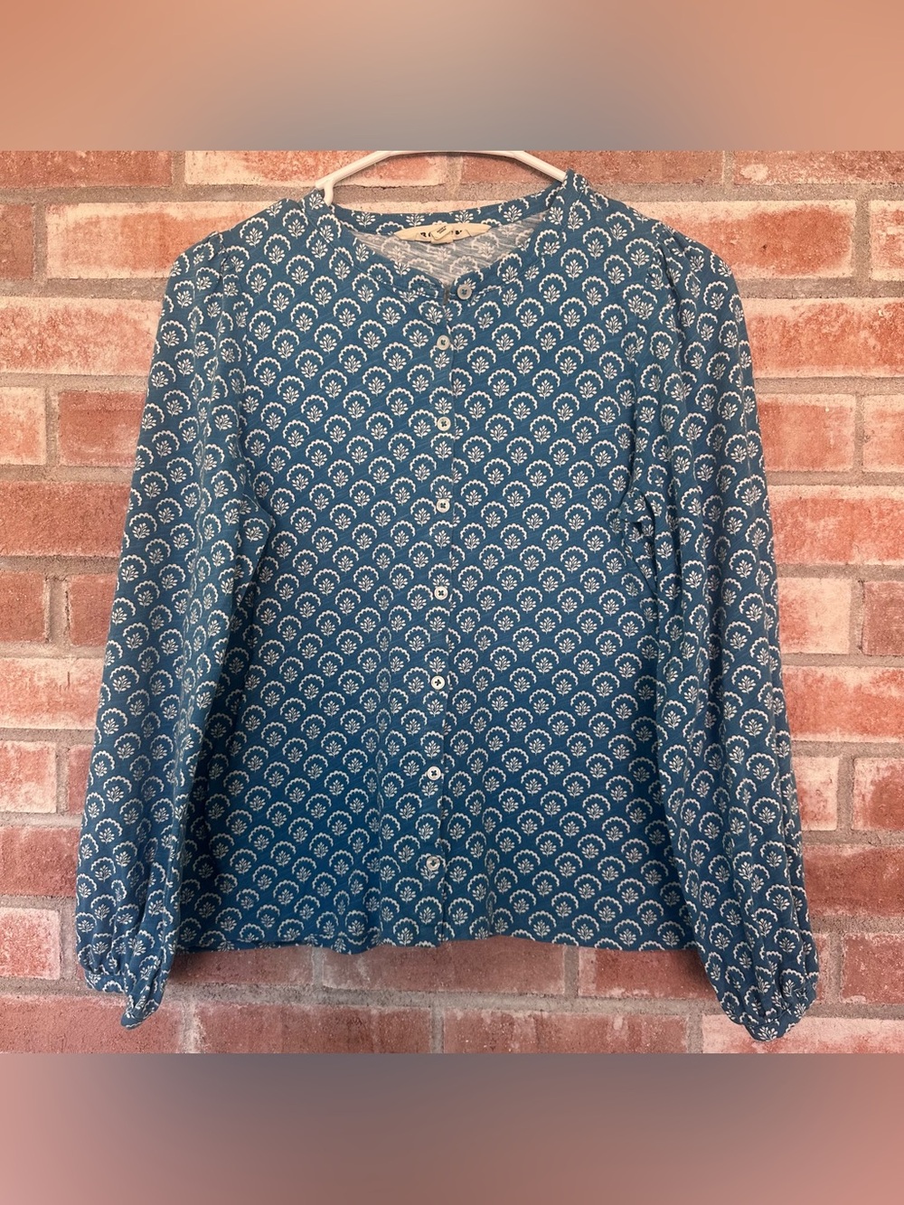 Boden Cardigan Button Up Shirt Knit Women’s 6 Blue Pattern Cotton Lightweight